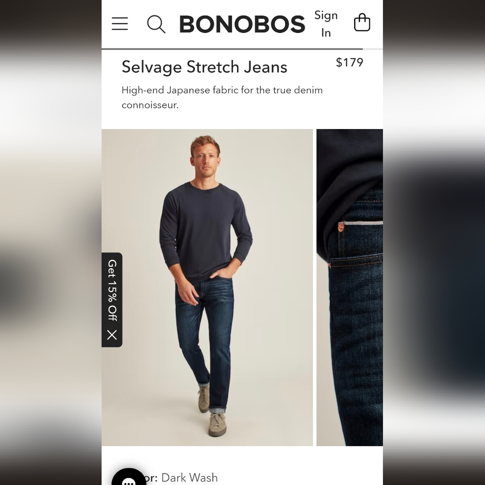 Bonobos selvage stretch dark wash denim